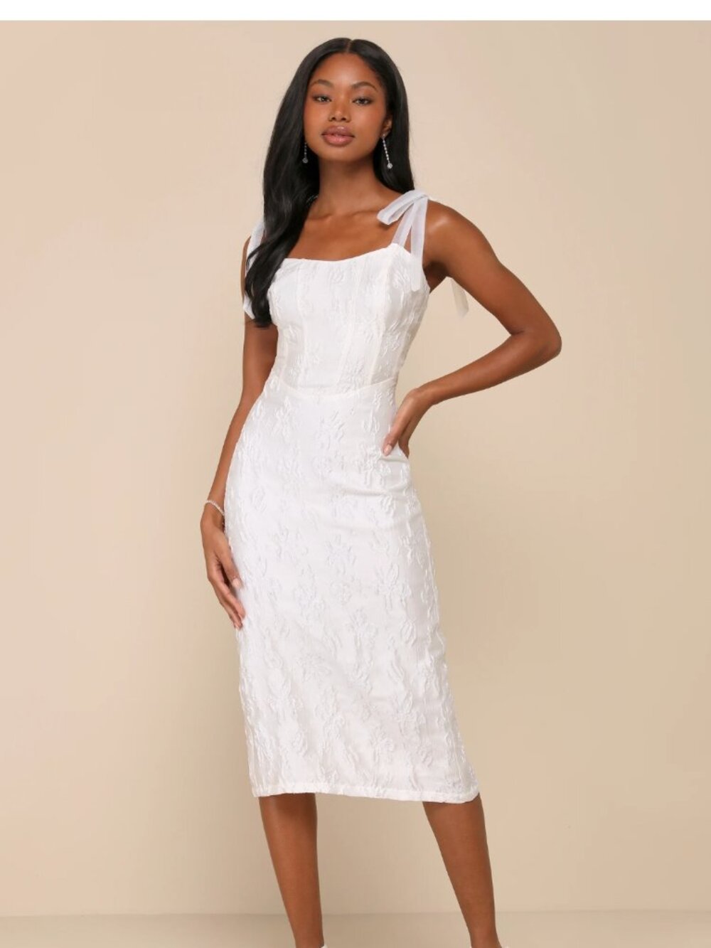 NWT Lulus Gorgeous Persona White Satin Jacquard Tie-Strap Midi Dress  Size Small
